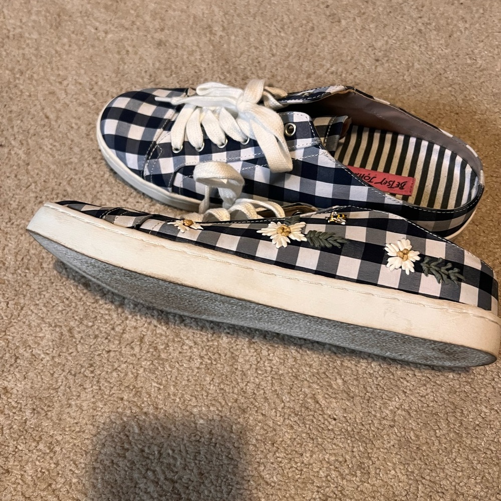Betsey Johnson Black & White Gingham Floral Sneakers